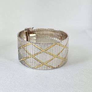 Vintage Wide Two Tone Textured Sterling Silver & 18k Gold Flex Bracelet! 💛